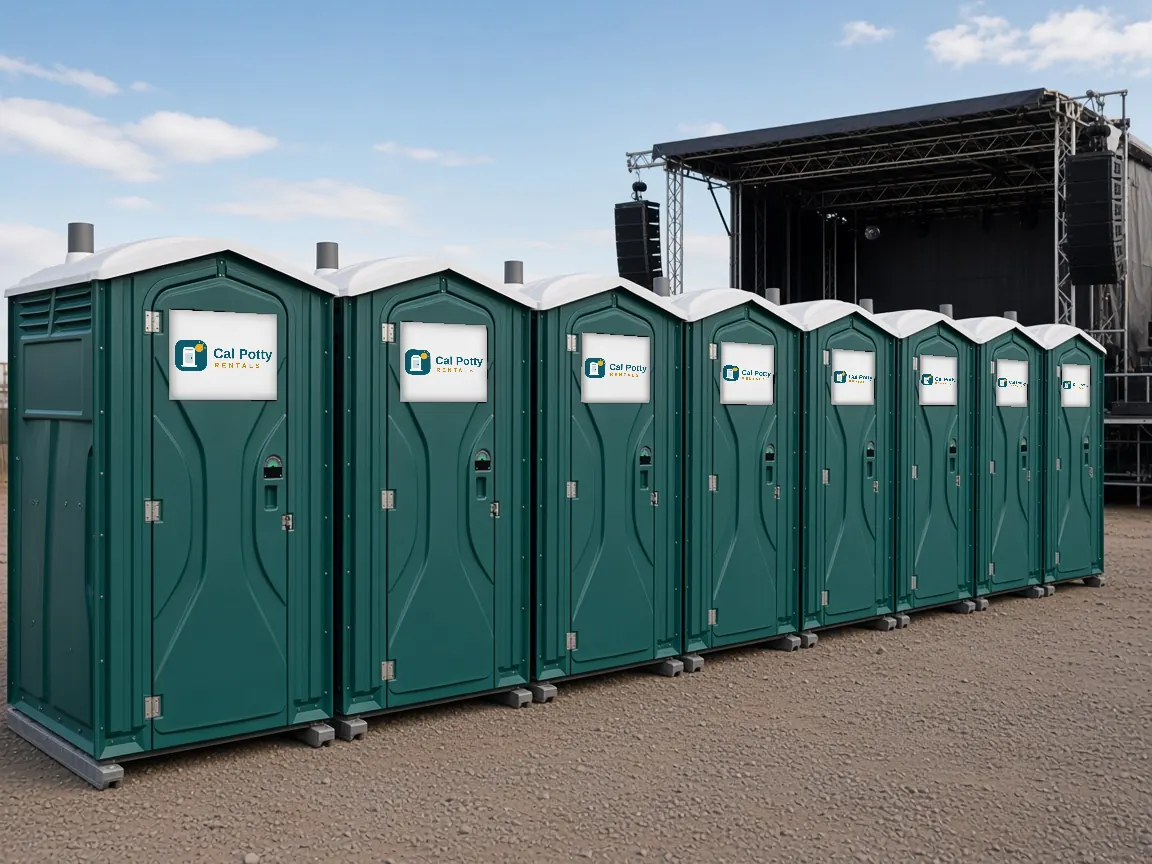 Eight teal porta potties in a row in front of a concert stage, an example setup for porta potty rental in Milpitas